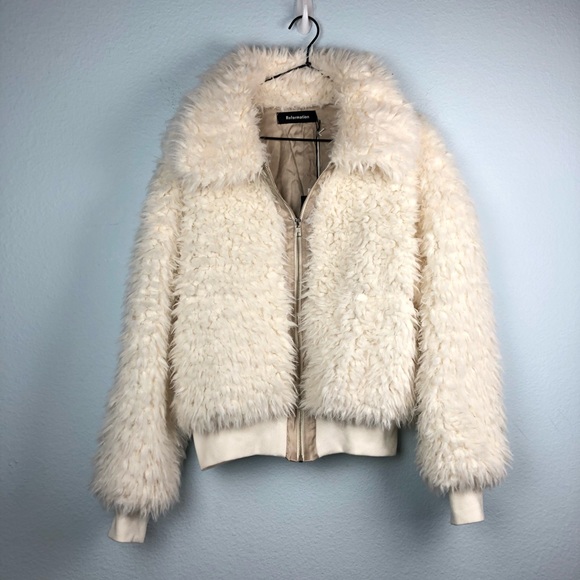 Reformation Freddie Faux Fur Jacket Cream Coat L - Picture 3 of 8